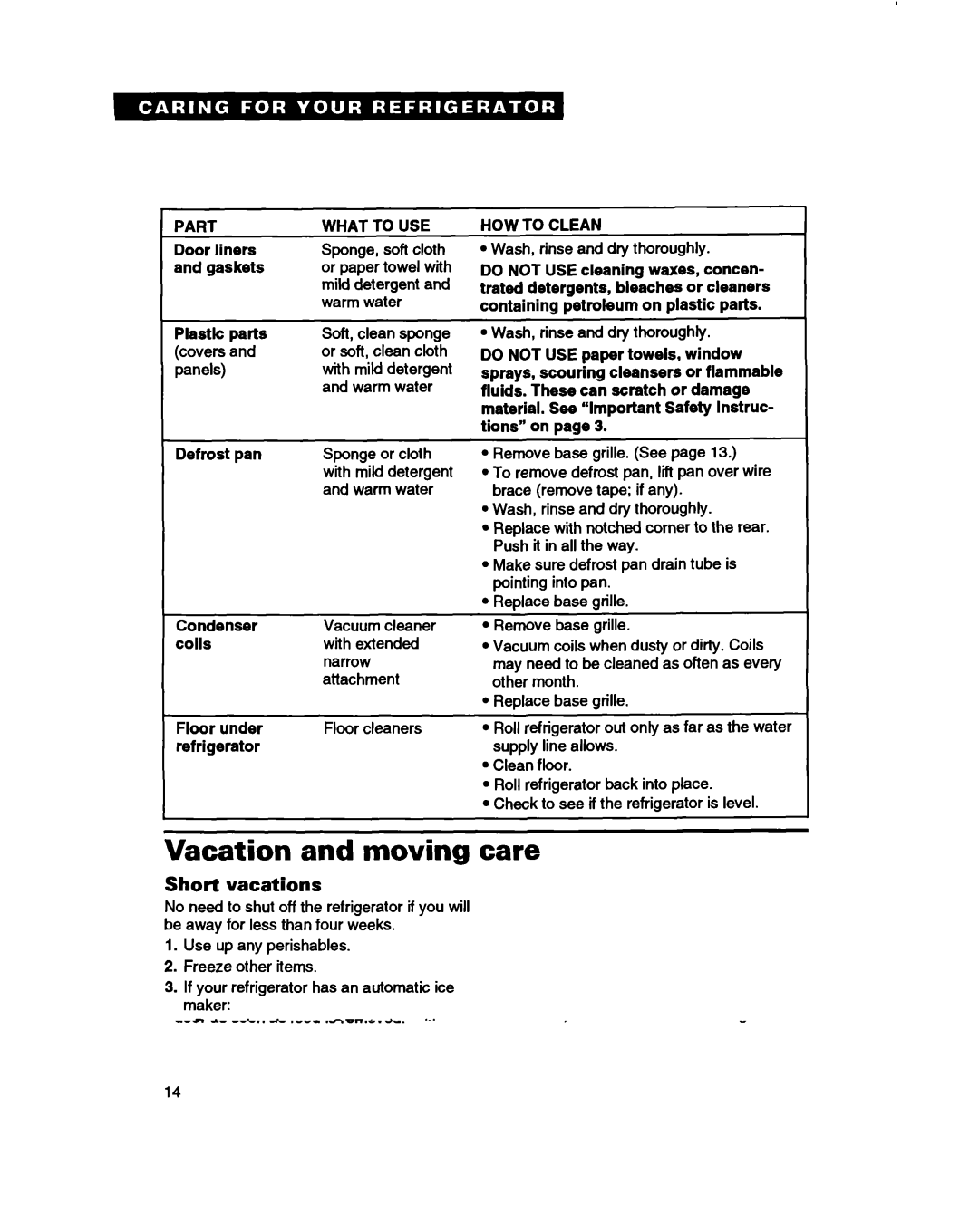 Whirlpool ET18HT, ETZOTK, ET18TK manual Vacation and moving care, Short vacations 