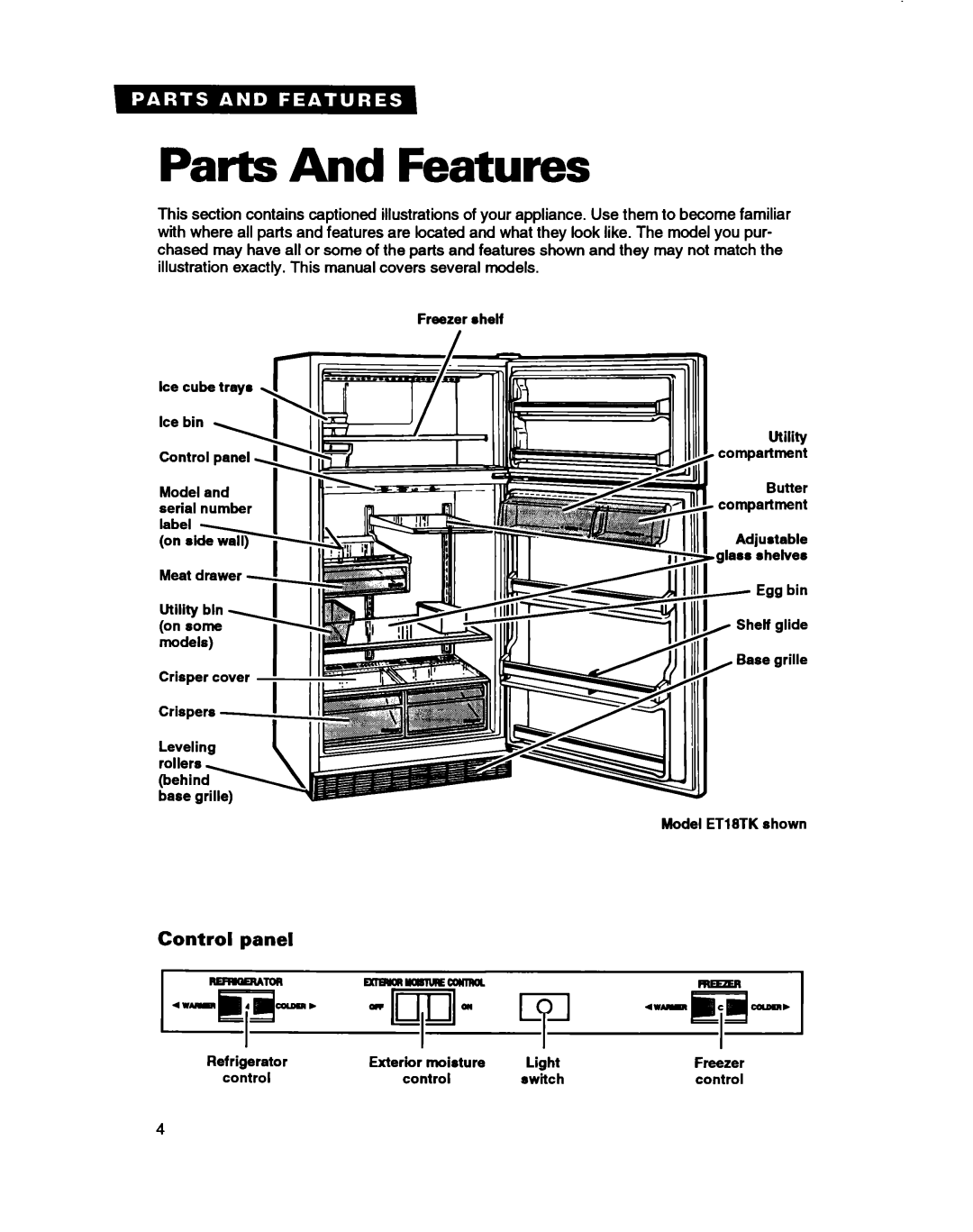 Whirlpool ET18HT, ETZOTK, ET18TK manual Parts And Features, Control panel 