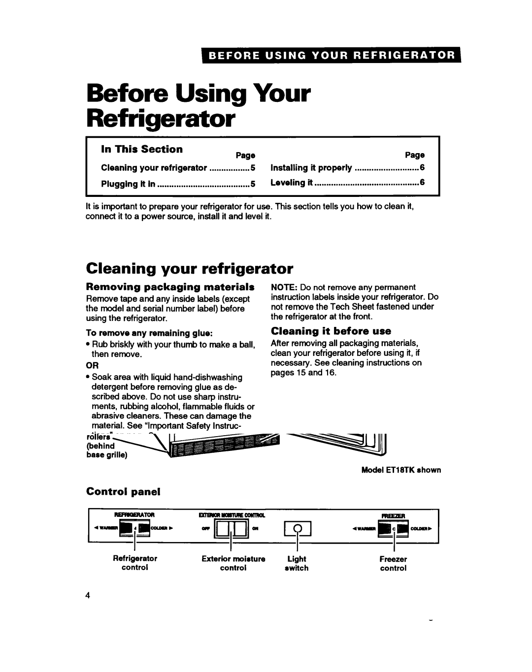 Whirlpool ET18TK, ETZOTK, ET18HT manual Before Using Your Refrigerator, Cleaning your refrigerator, Plugging it 