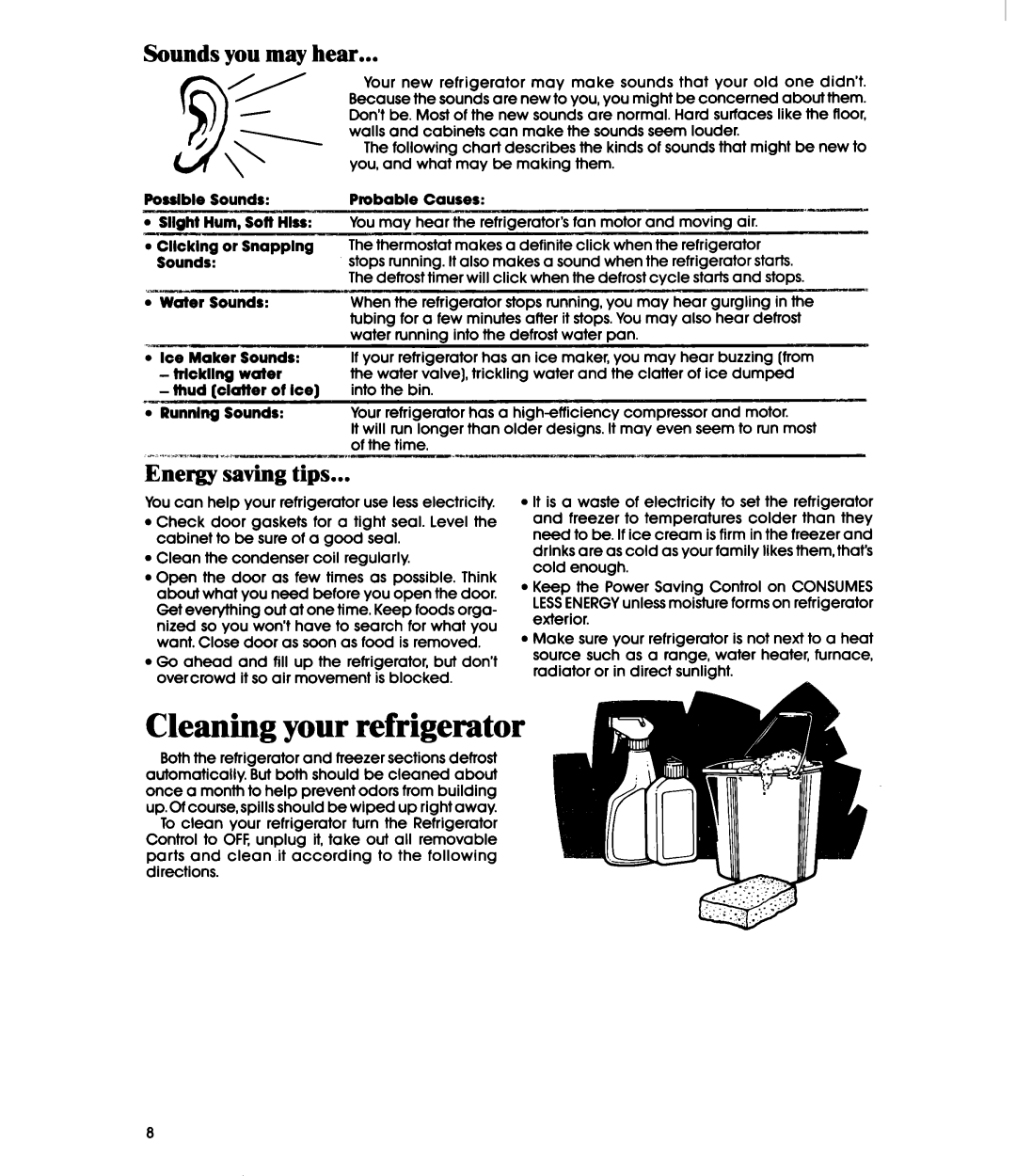 Whirlpool ETZOVK, ET20VM manual Cleaning your refrigerator, Sounds you may hear, Energy saving tips 