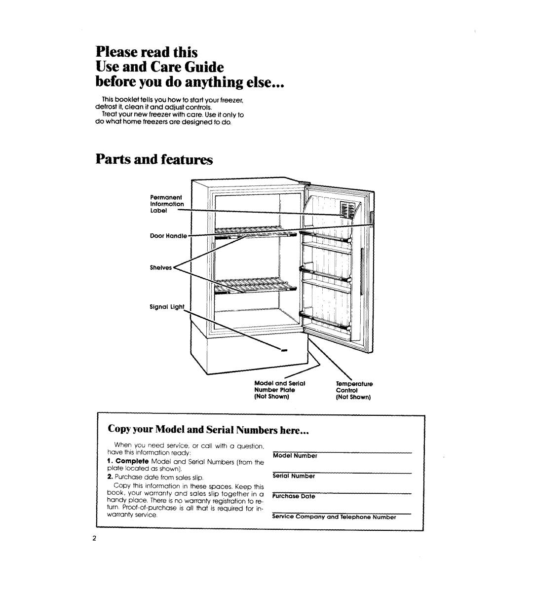 Whirlpool EV090F manual Before you do anything else, Parts and features, Copy your Model and Serial Numbers here 