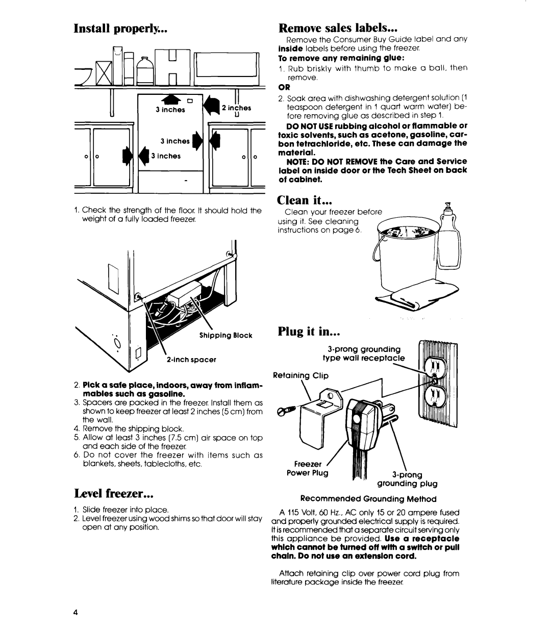 Whirlpool EV090F manual Level freezer, Remove sales labels, Clean it, Plug it, To remove any remaining glue 