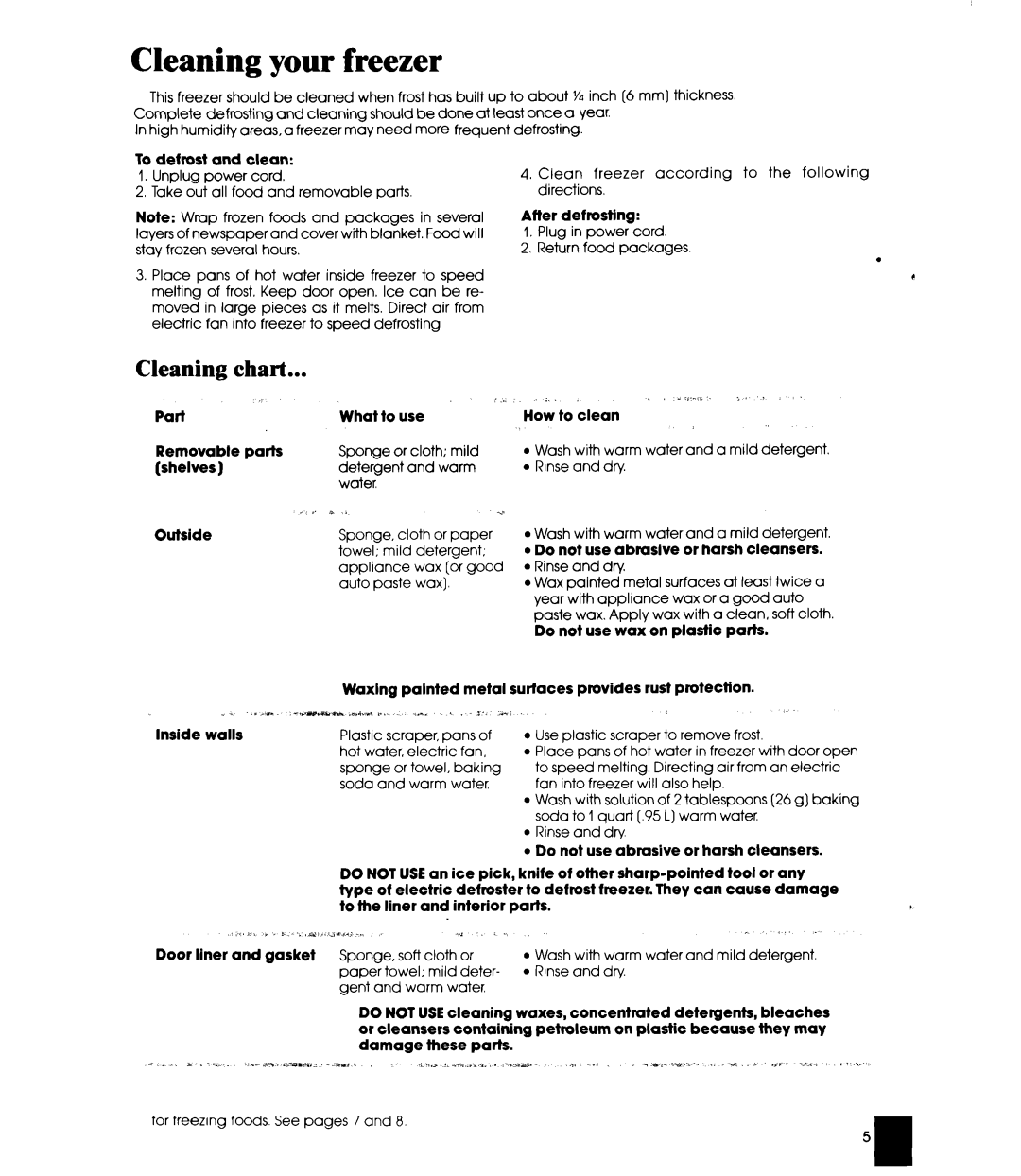 Whirlpool EV090F manual Cleaning your freezer, Cleaning Chart 