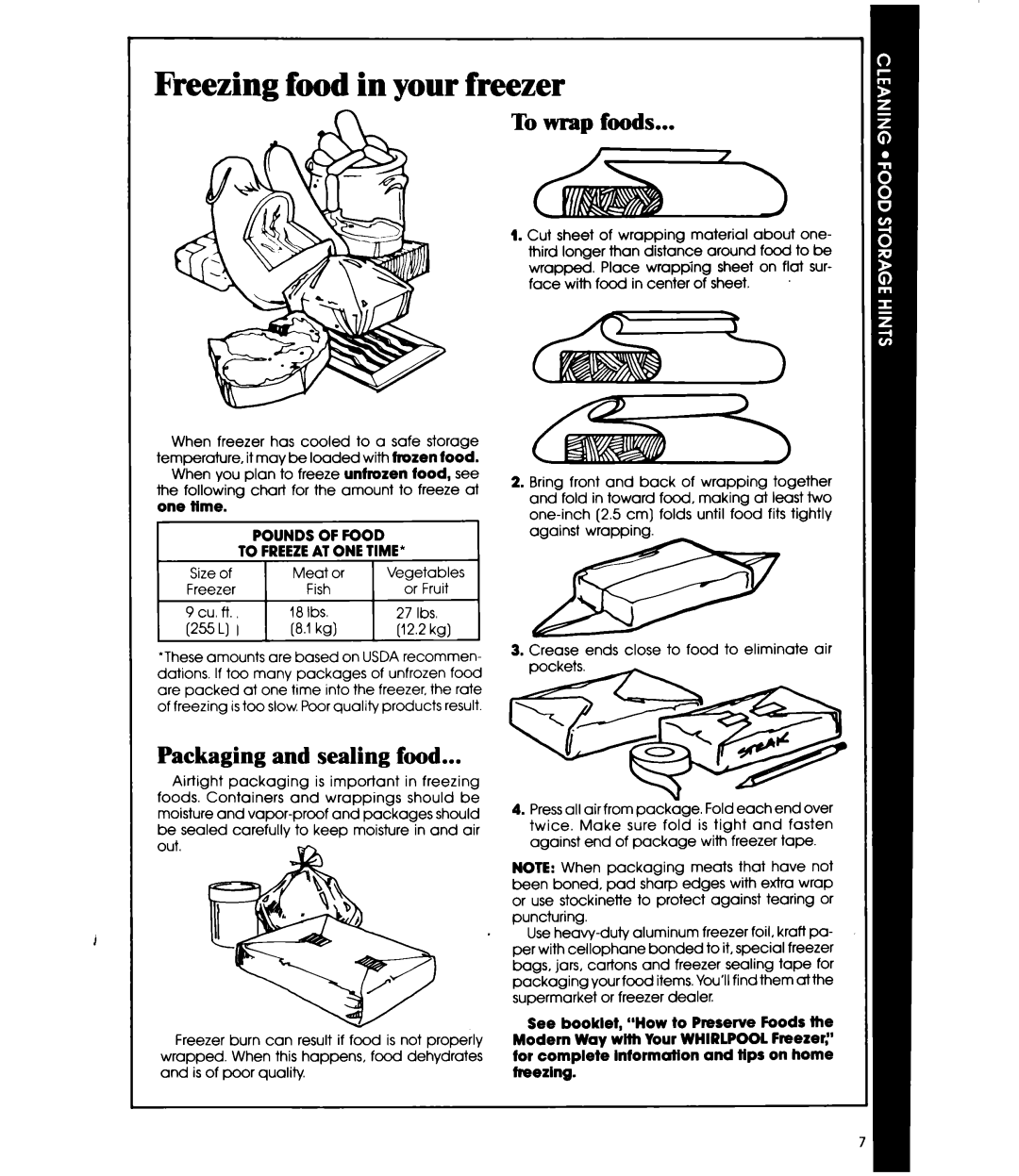 Whirlpool EV090F manual Freezing food in your freezer, To wrap foods, Packaging and sealing food, One time, 255 L 1kg 