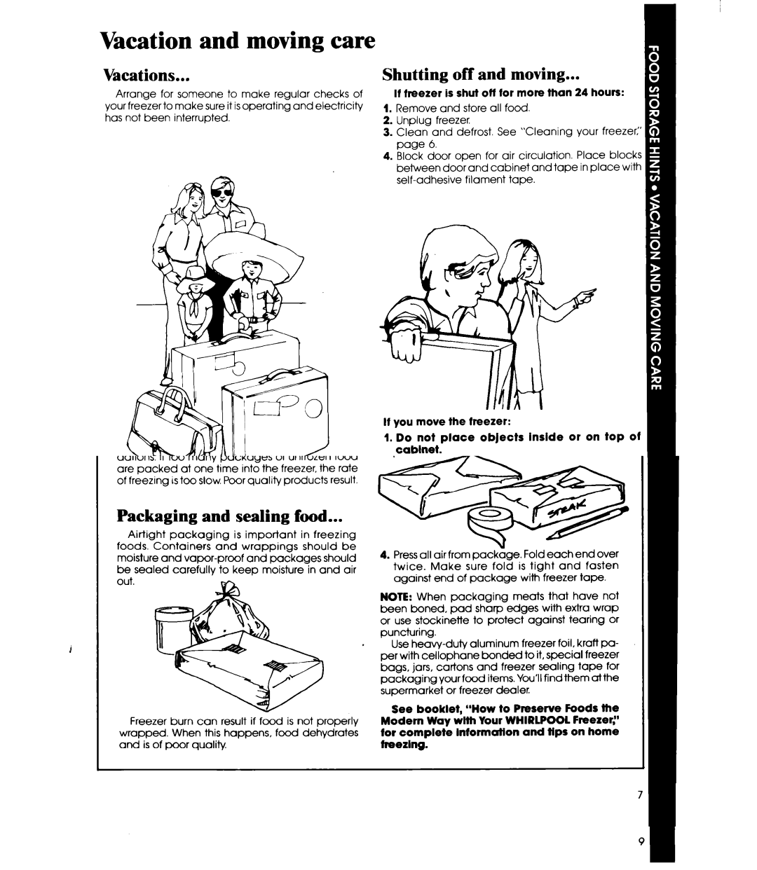 Whirlpool EV090F manual Vacation and moving care, Vacations, Shutting off and moving 