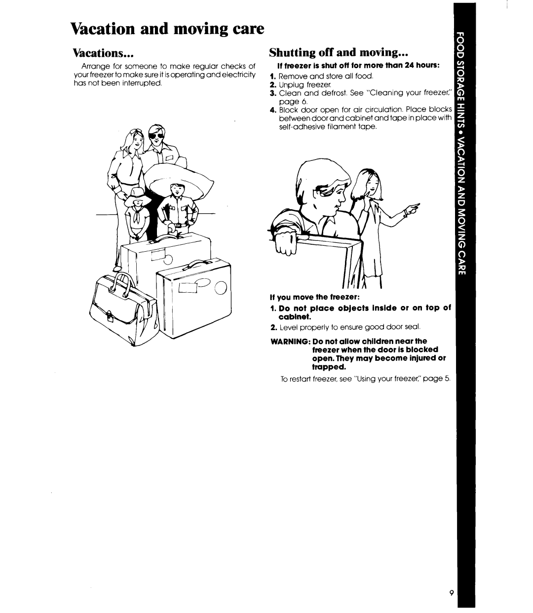 Whirlpool EV090F manual Vacation and moving care, Vacations, Shutting off and moving 
