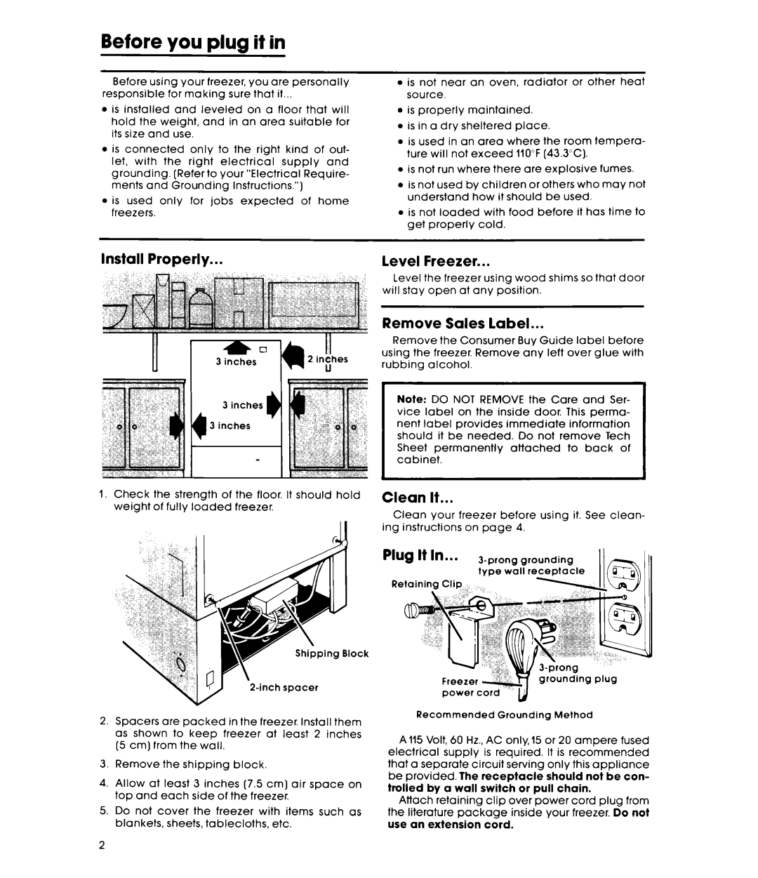 Whirlpool EV090FXK warranty Before you plug it, Install Properly Level Freezer, Remove Sales label, Clean It 