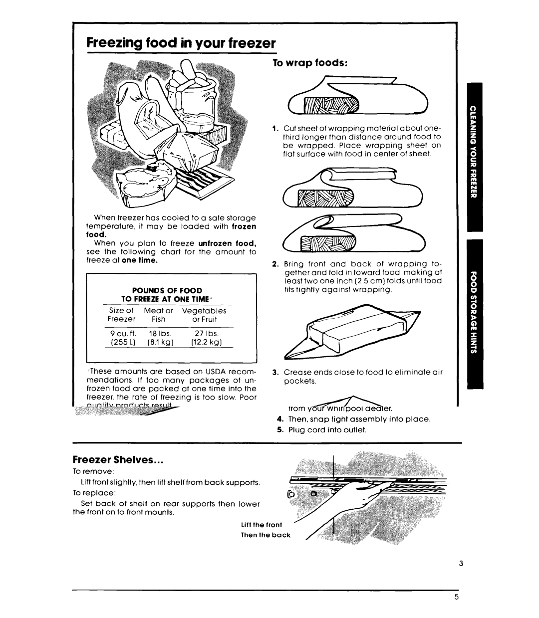 Whirlpool EV090FXK warranty Freezing food in your freezer, To wrap foods, Packaging and Sealing Food 