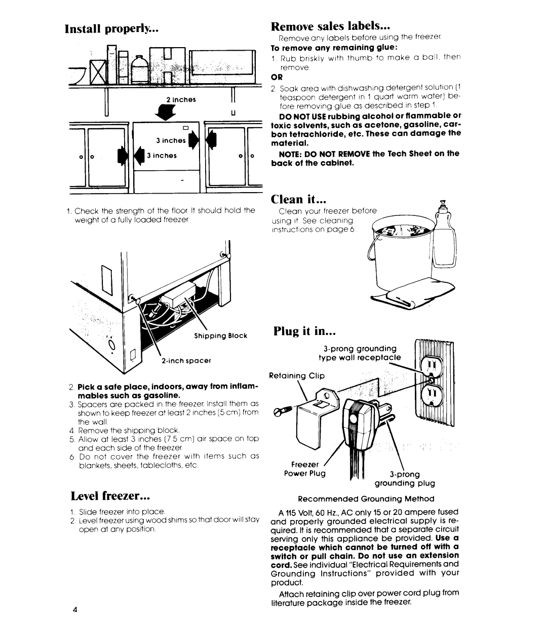 Whirlpool EV0G0F manual Install properly, Level freezer, Remove sales labels, Clean it, Plug it 