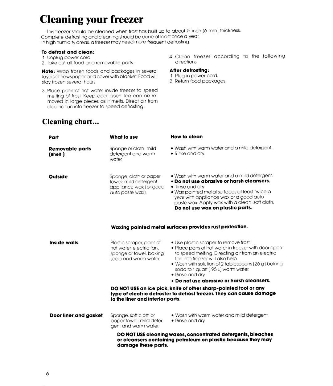 Whirlpool EV0G0F manual Cleaning your freezer, Cleaning chart 