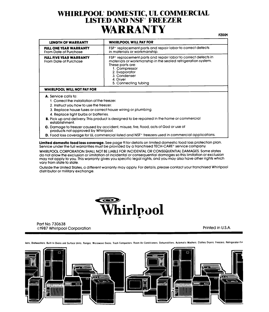 Whirlpool EV0G0F manual Warranty, Whirlpool” Domestic, Ul Commercial, Listed And Nsf” Freezer 