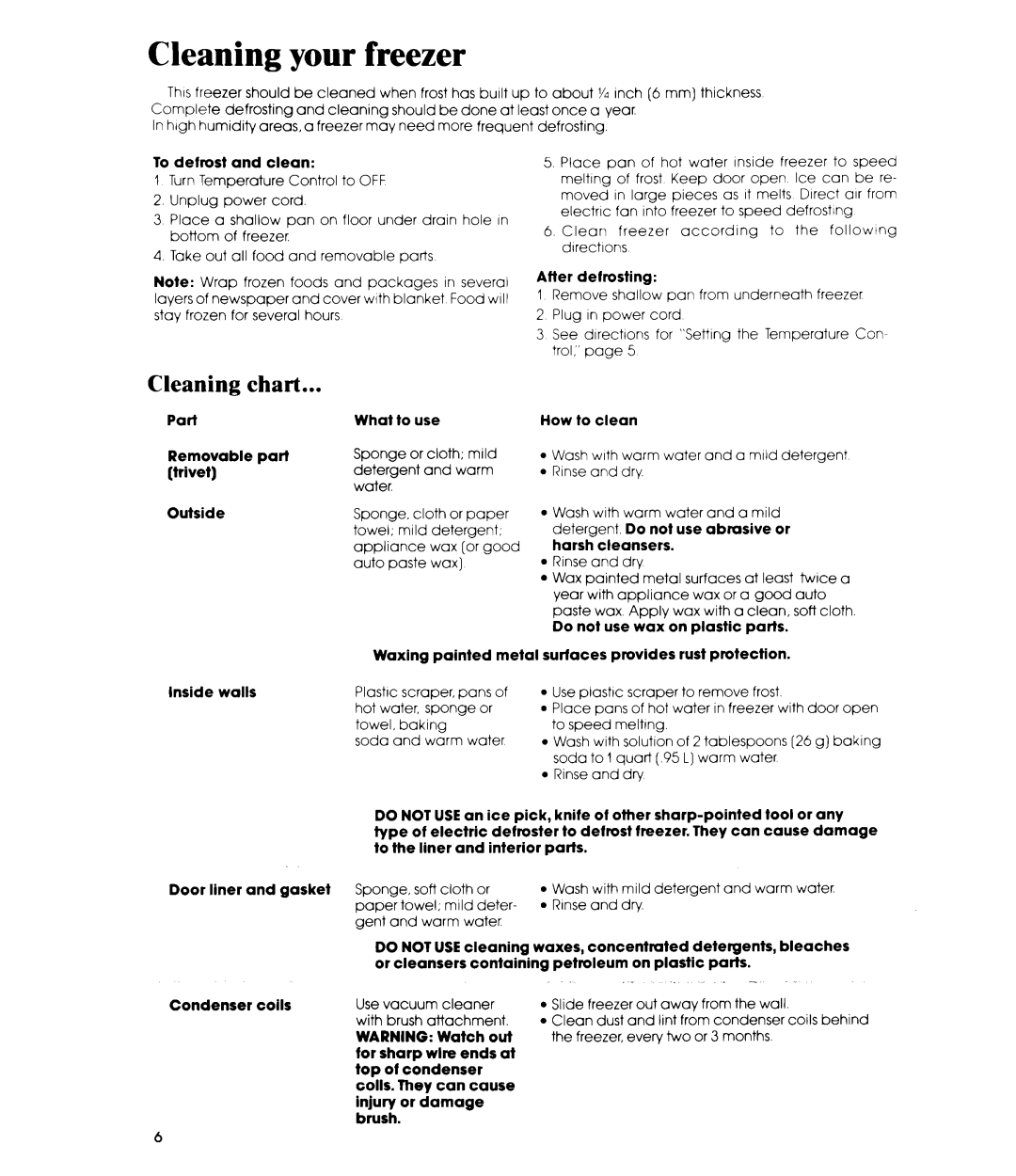 Whirlpool EV110E manual Cleaning your freezer, Cleaning chart 