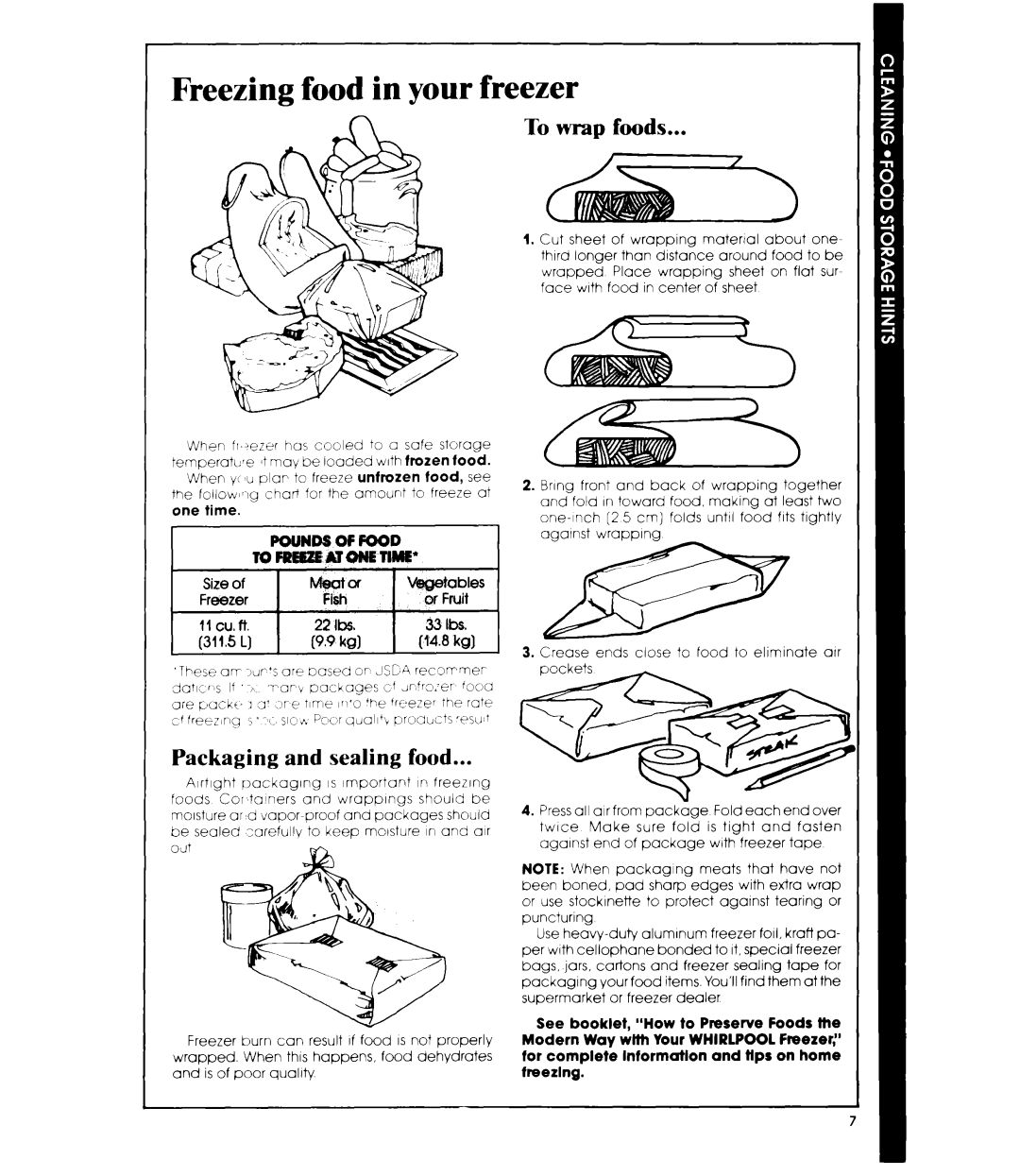 Whirlpool EV110E manual Freezing food in your freezer, To wrap foods, Packaging and sealing food 