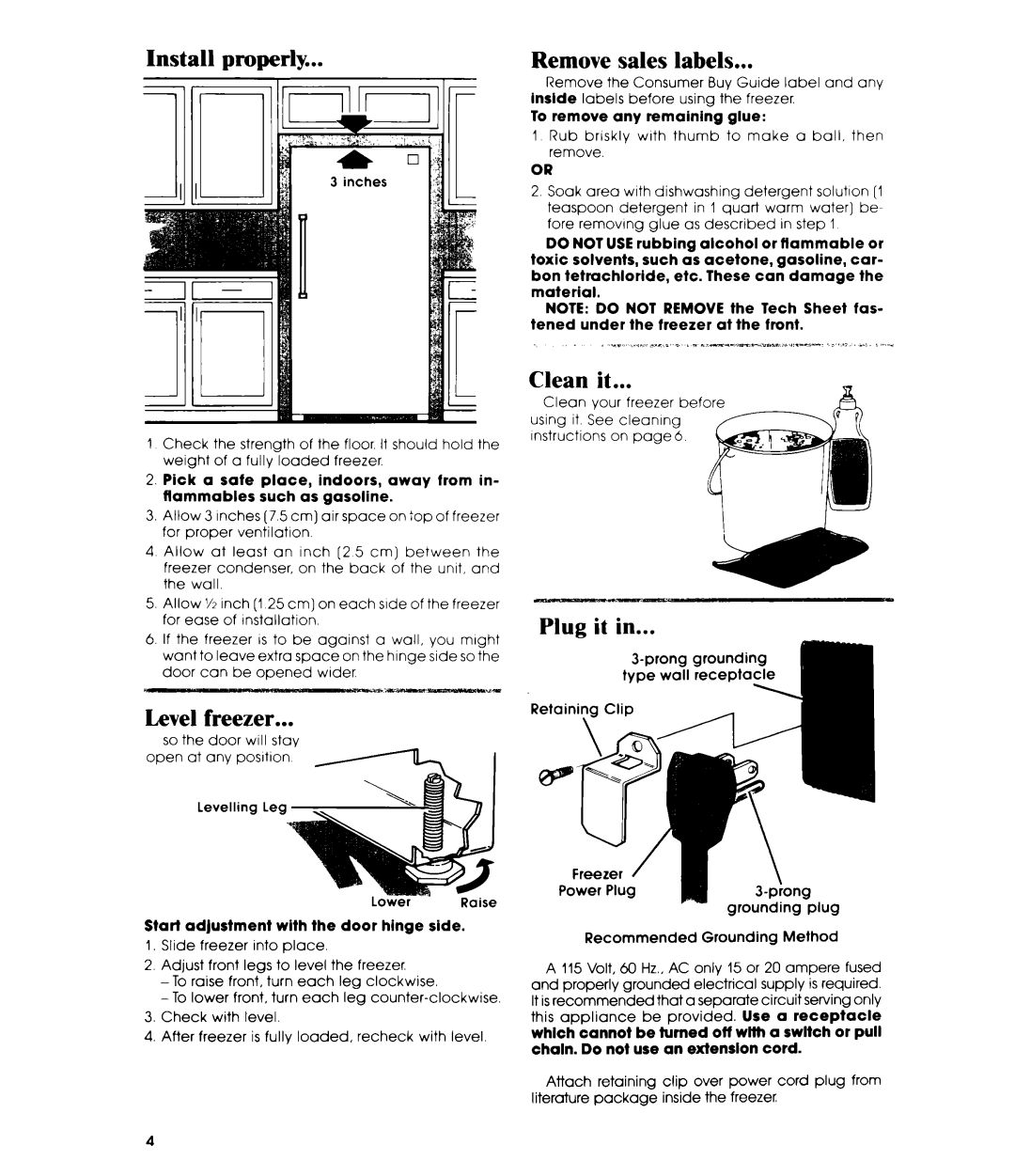 Whirlpool EV110E manual Install, properly, sales, labels, Level freezer, Clean it, Plug it in, Remove 