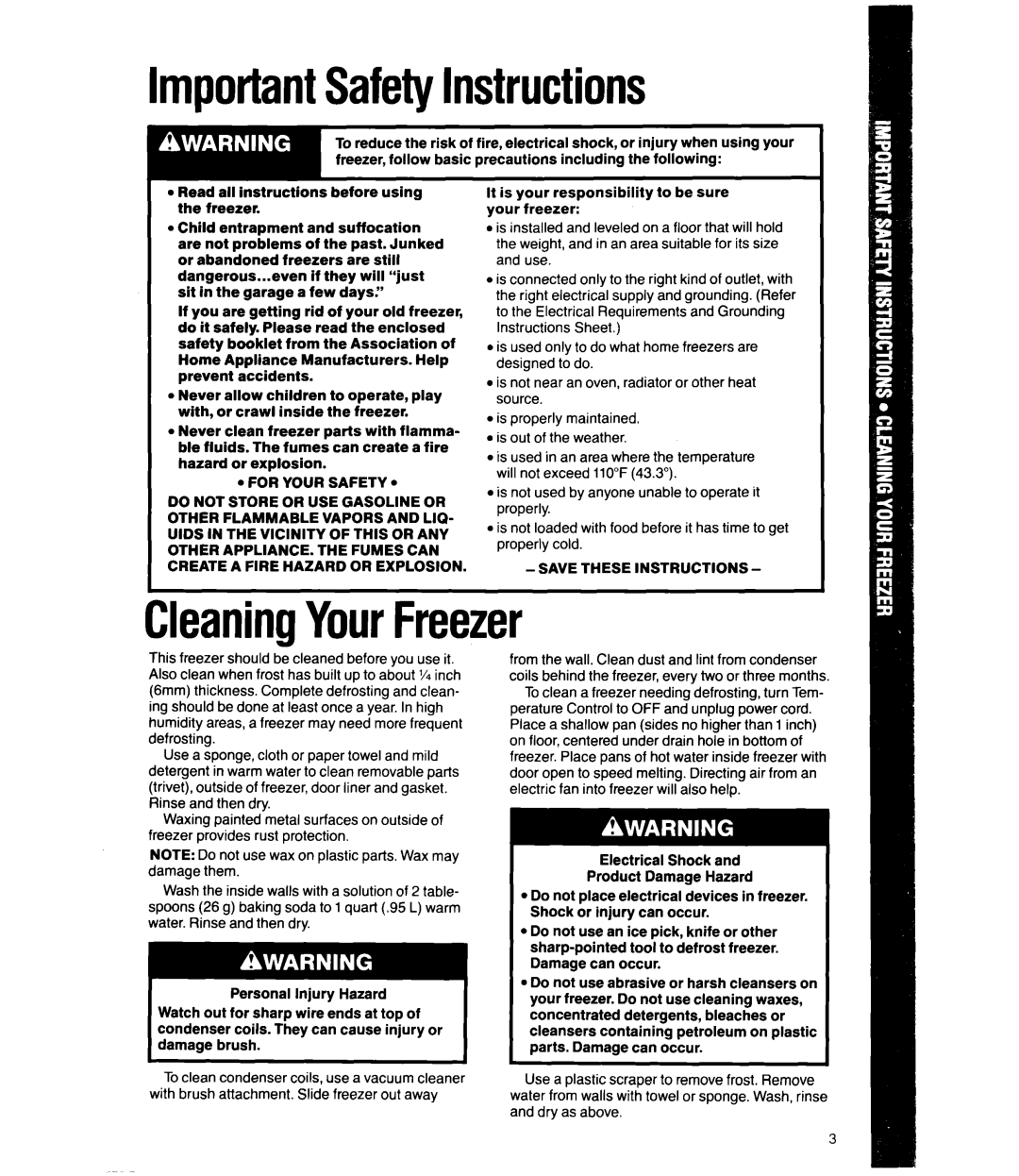 Whirlpool EV11OCXW, EVl50NXW, EVl5OFXW manual ImportantSafetyInstructions, CleaningYourFreezer 