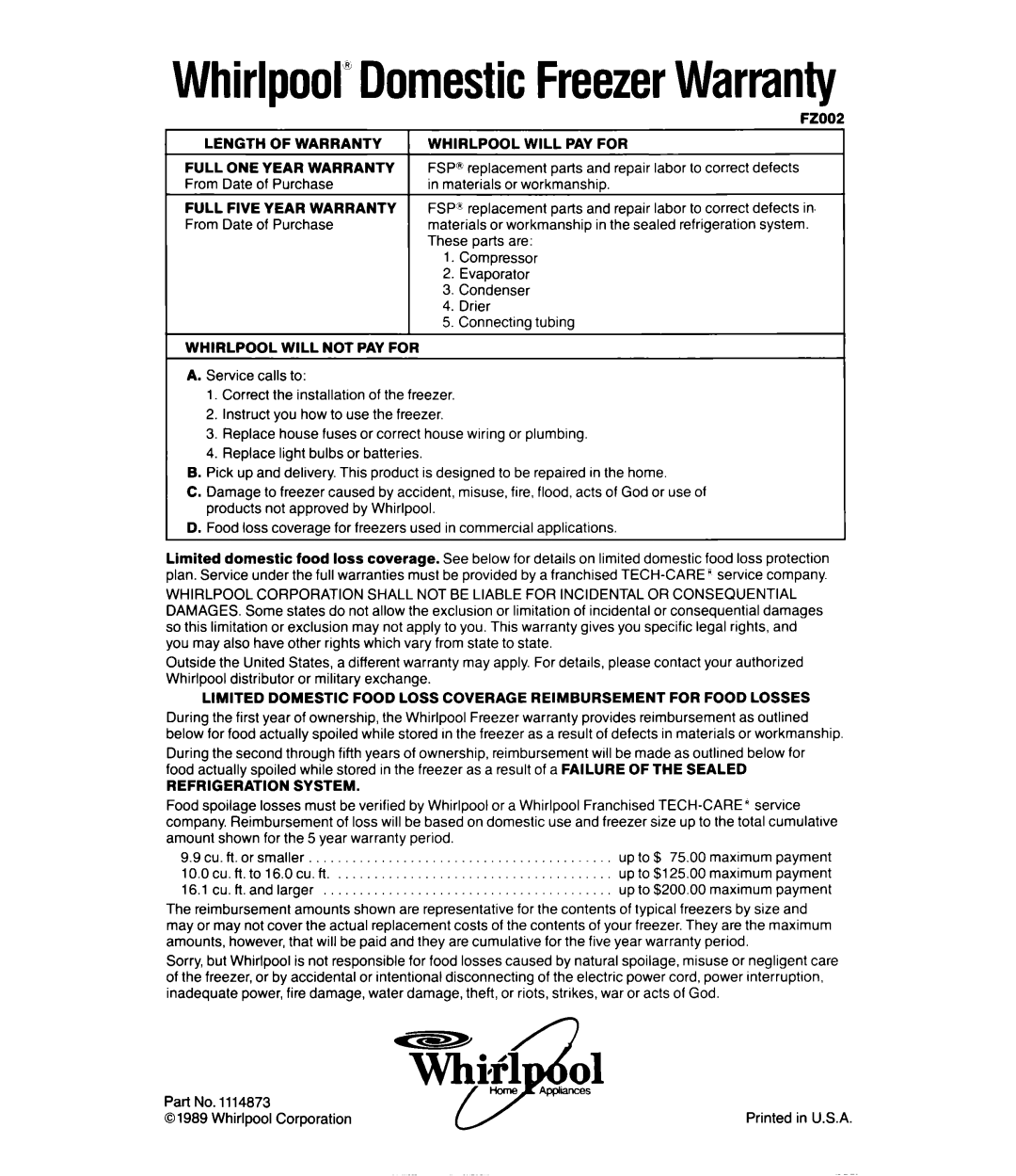 Whirlpool EVl5OFXW, EV11OCXW Parts, Labor To correct Defects From, Purchase, Or workmanship, System, LO.Ocu.ft.to16.0cu.ft 