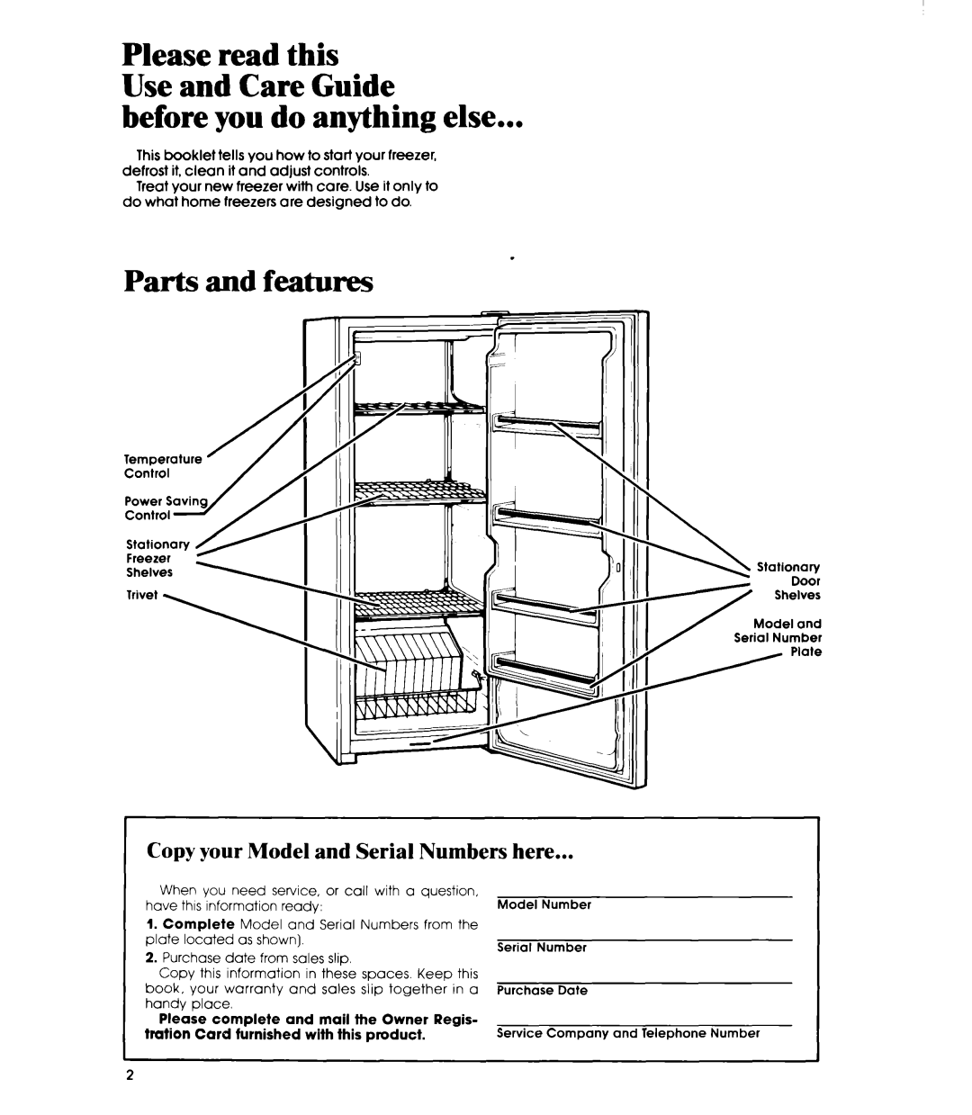 Whirlpool EV130 E manual Before you do anything else, Parts and features, Copy your Model and Serial Numbers here 