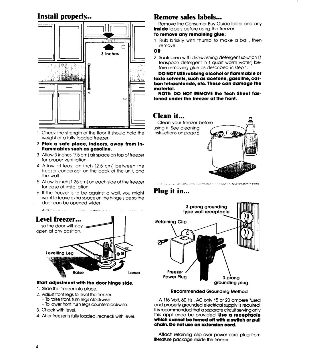 Whirlpool EV130 E manual Install properly, Level freezer, Clean it, To remove any remaining glue 