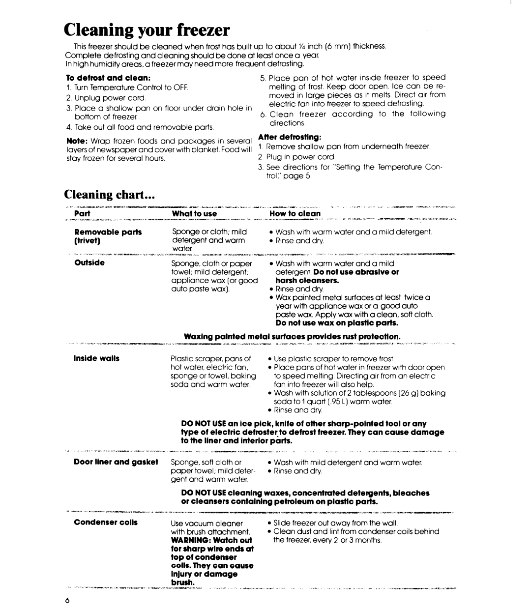 Whirlpool EV130 E manual Cleaning your freezer, Cleaning Chart 