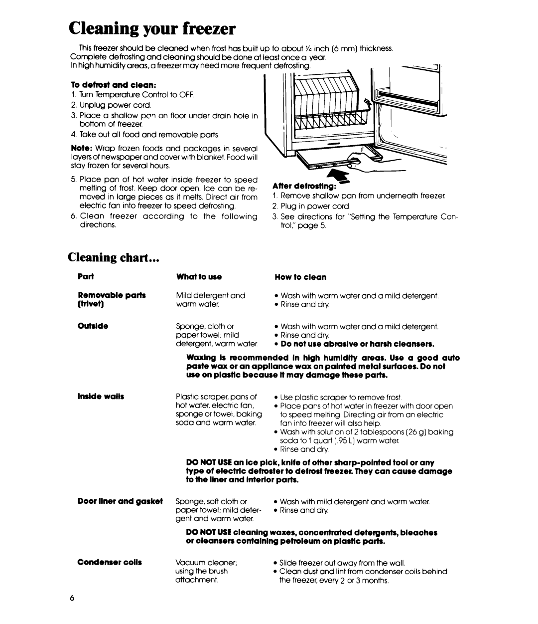 Whirlpool EV130C manual Cleaning your freezer, Cleaning Chart 