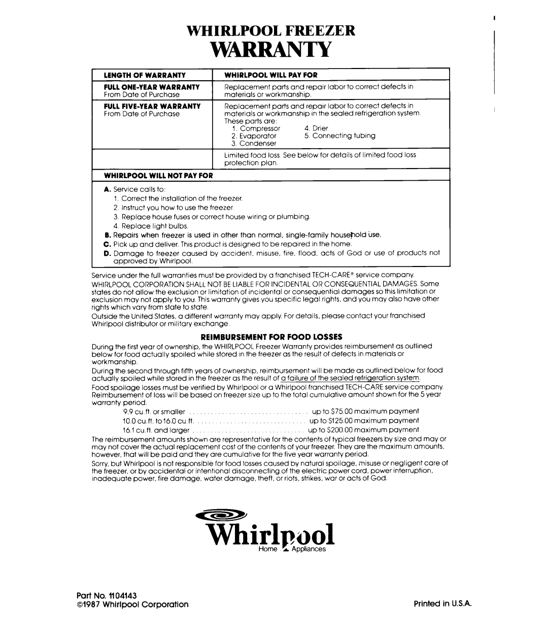 Whirlpool EV130C manual W-T-Y, Whirlpool, Freezer 
