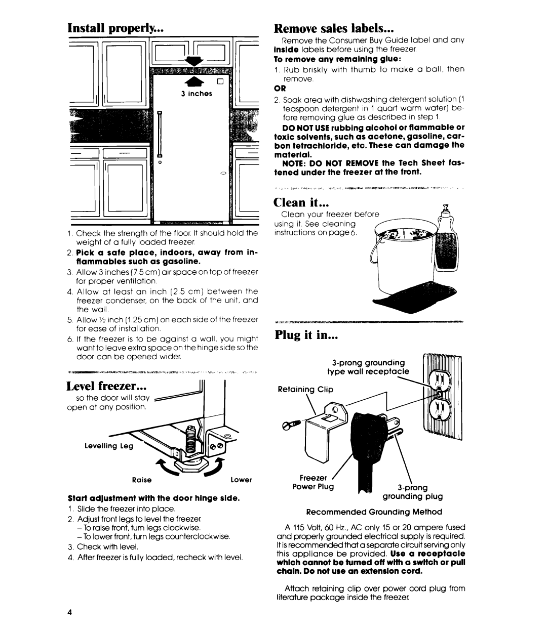 Whirlpool EV130E manual Install properly Remove Sales labels, Level freezer, Clean it, Plug it 