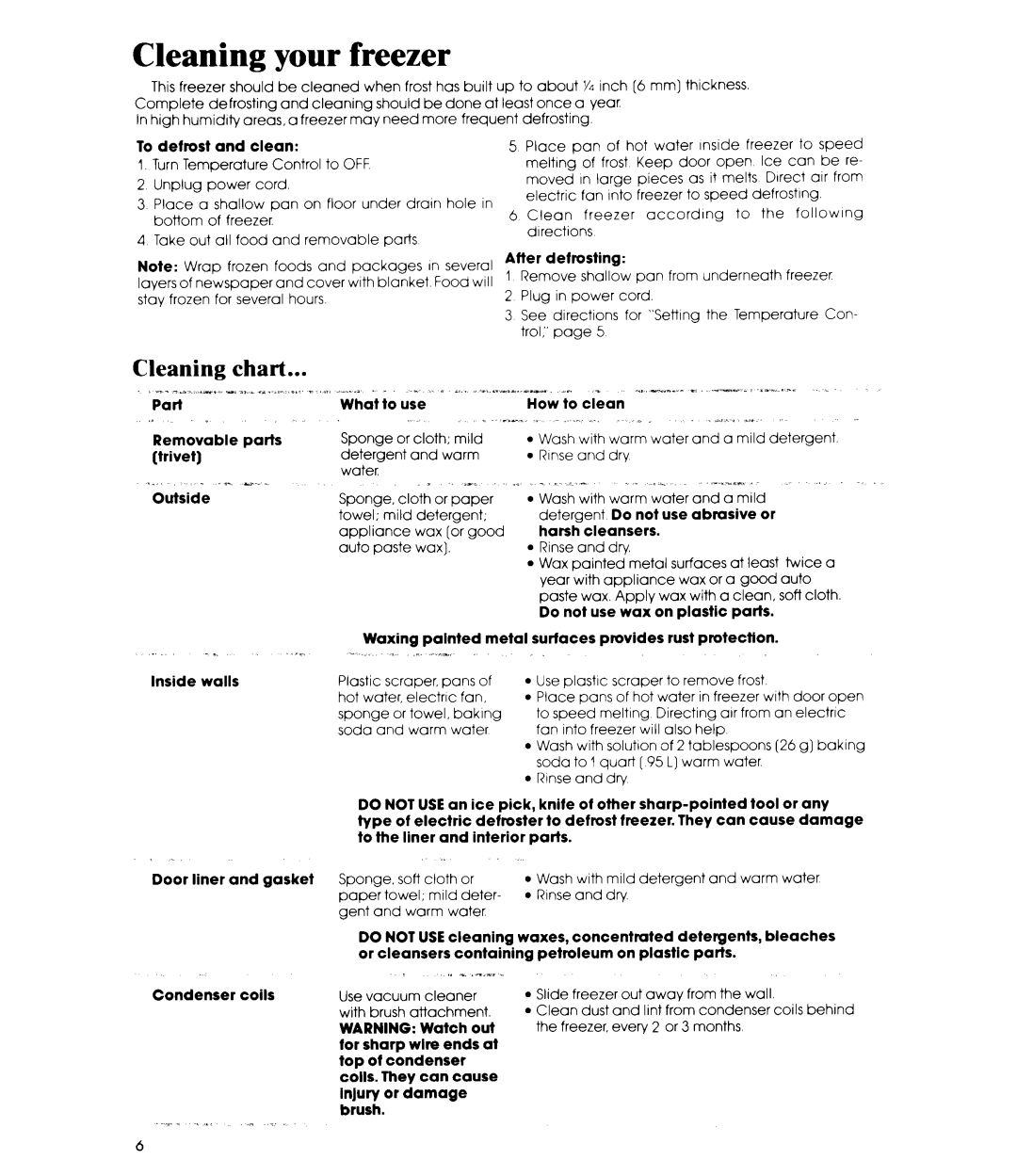 Whirlpool EV130E manual Cleaning your freezer, Cleaning Chart 