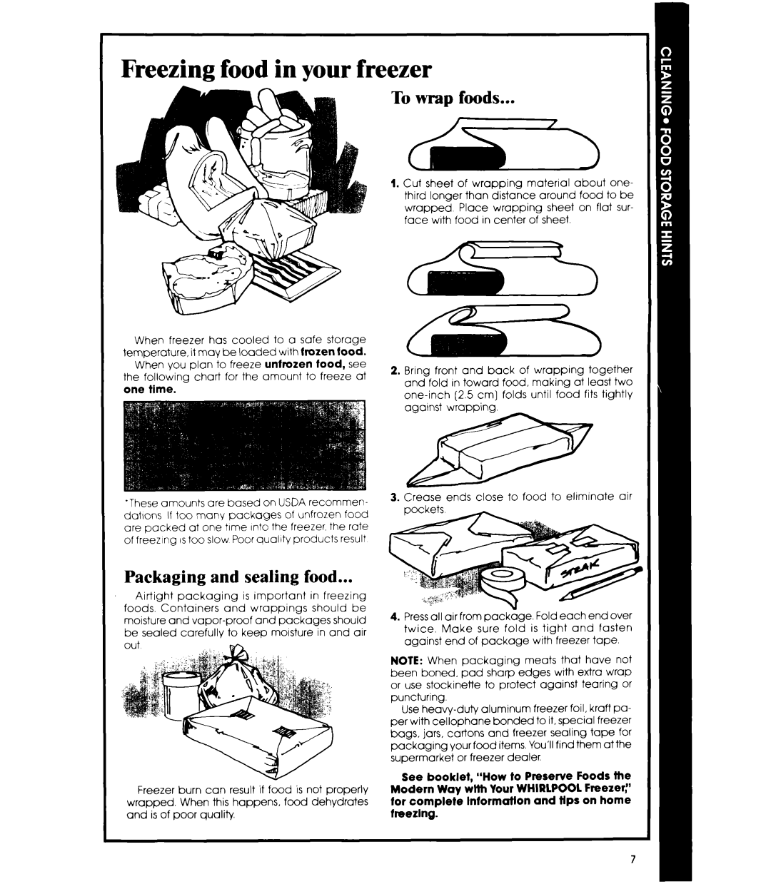 Whirlpool EV130E manual Freezing food in your freezer, To wrap foods, Packaging and sealing food, One time 