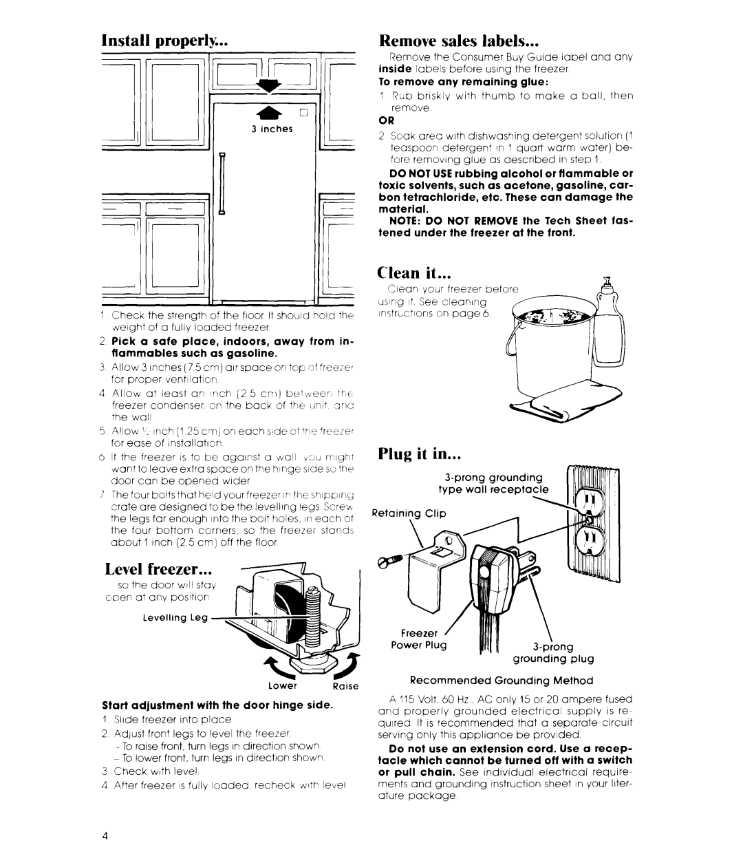 Whirlpool EV130N manual Install properly, Remove sales labels, Clean it, Plug it in, Level freezer, 3I- II a-1 ”L 