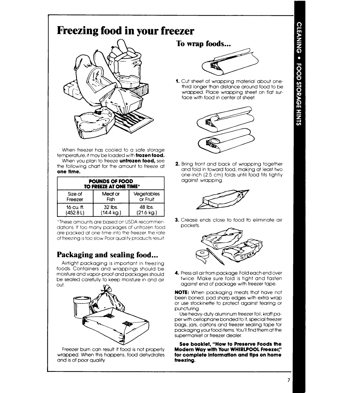 Whirlpool EV150C manual Freezing food in your freezer, To wrap foods, Packaging and sealing food 