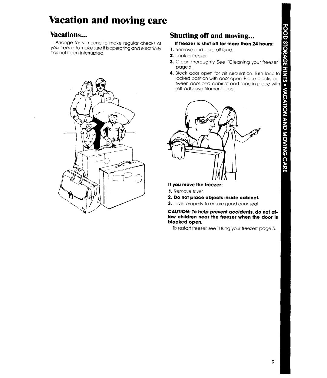 Whirlpool EV150C manual Vacation and moving care, Vacations, Shutting off and moving 