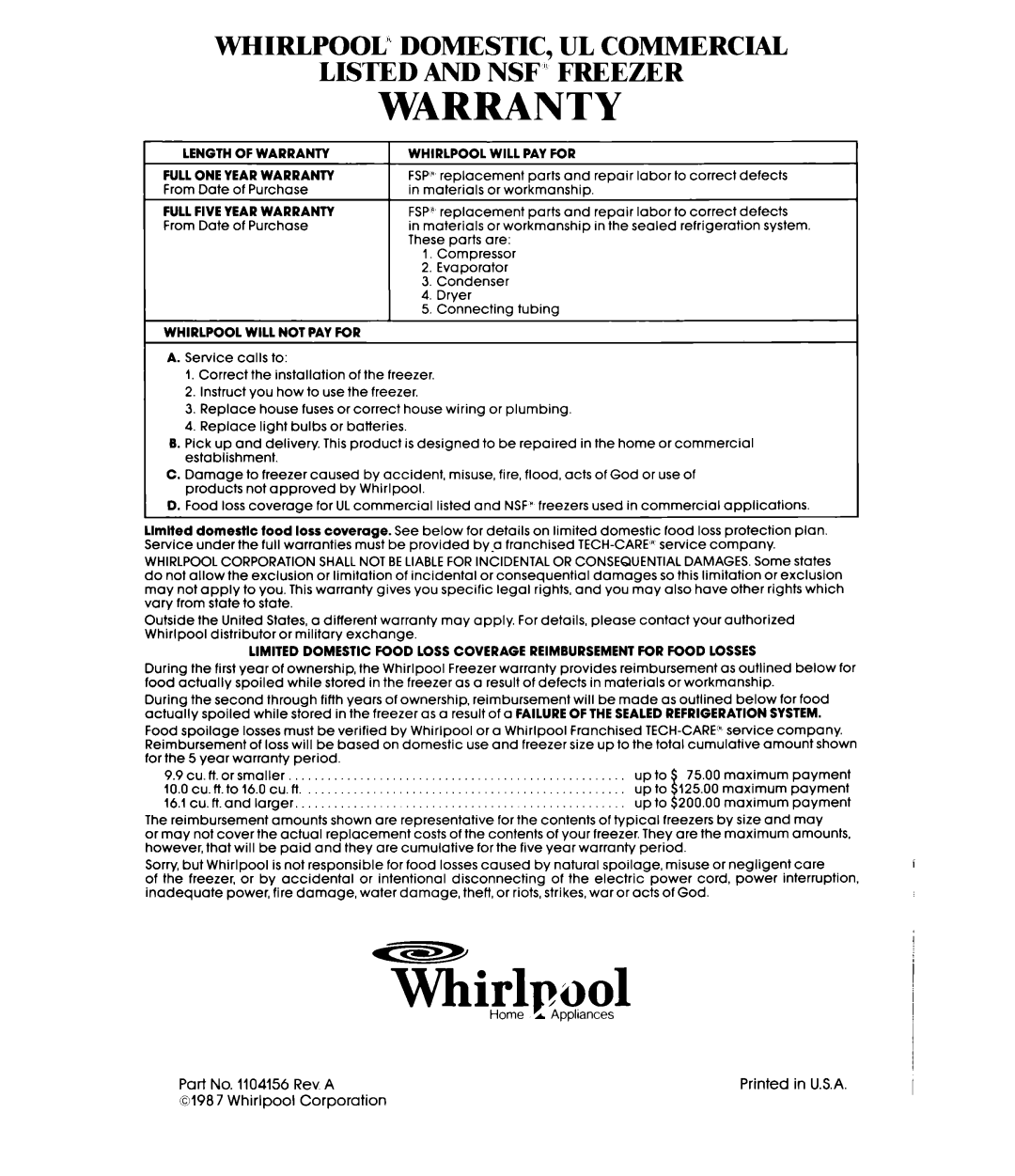 Whirlpool EV150C manual Warranty, Whirlp001, Whirlpool” Domestic, Ul Commercial, Listed And Nsf” Freezer 
