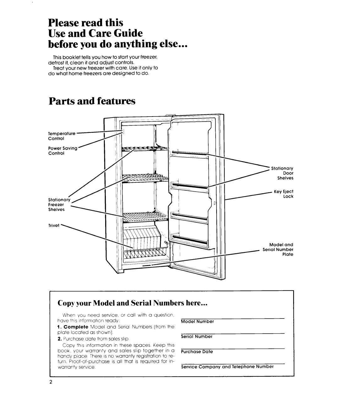 Whirlpool EV150CXR manual Before you do anything else, Parts and features, Copy your Model and Serial Numbers here 