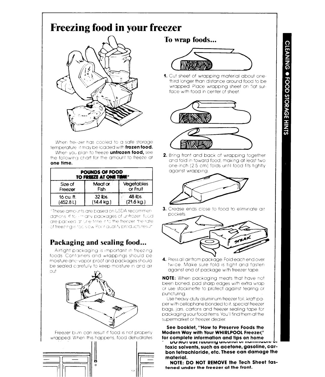 Whirlpool EV150CXR manual Freezing food in your freezer, To wrap foods, Packaging and sealing food 