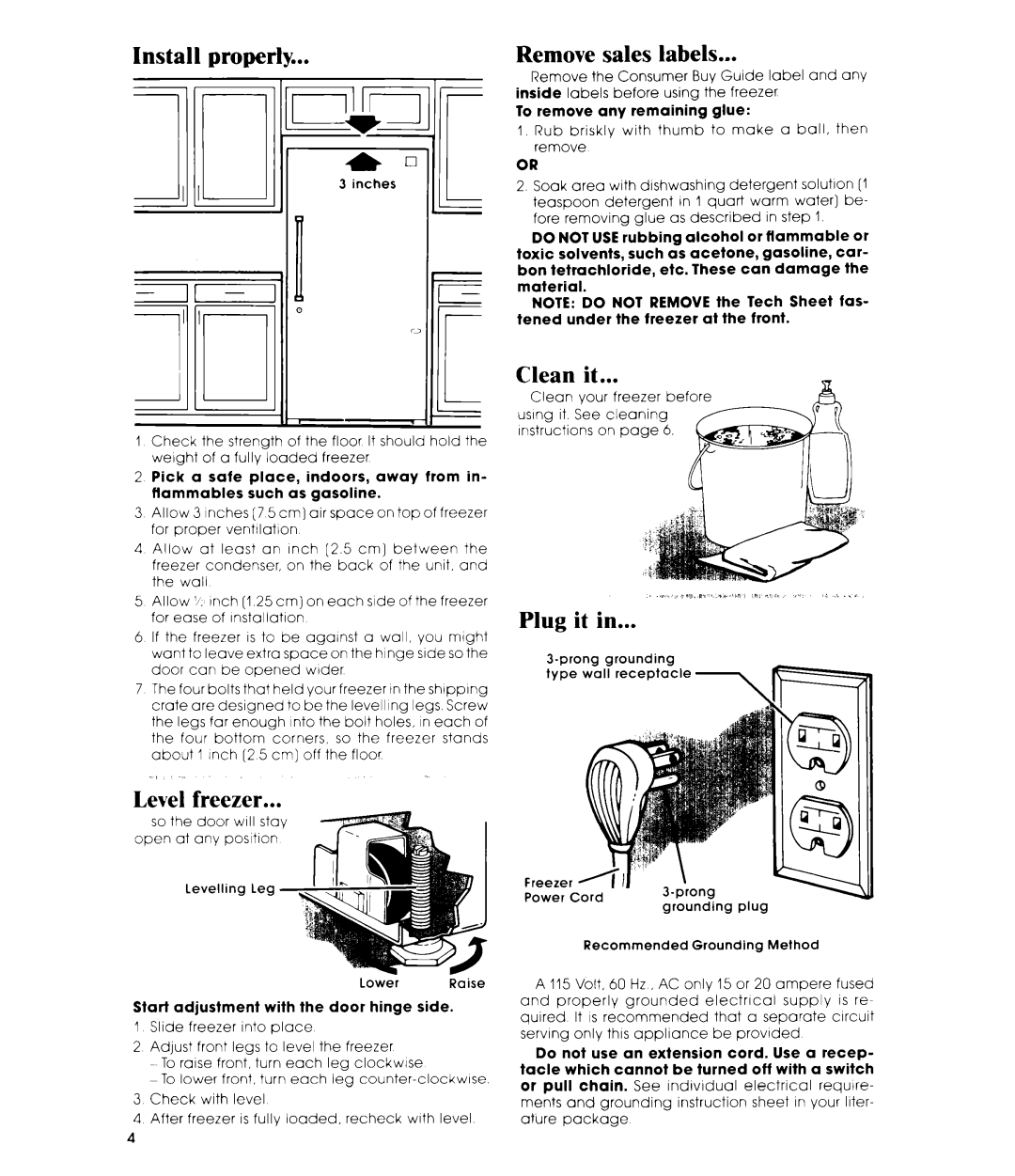Whirlpool EV150CXR manual Install properly, sales labels, Level freezer, Clean it, Plug it in, Remove 