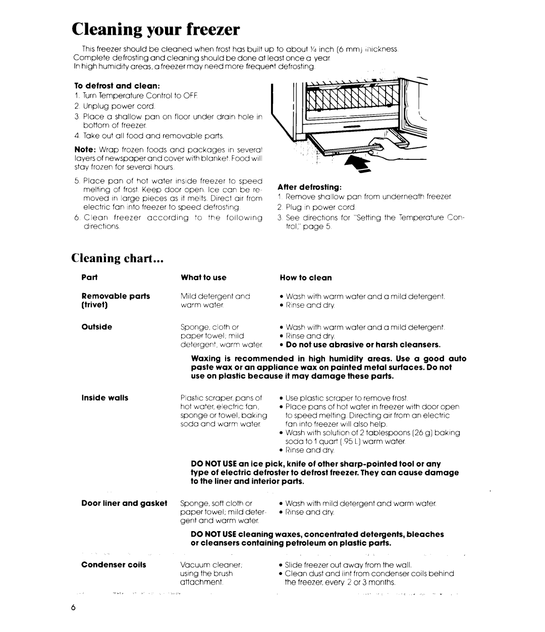 Whirlpool EV150CXR manual Cleaning your freezer, chart 