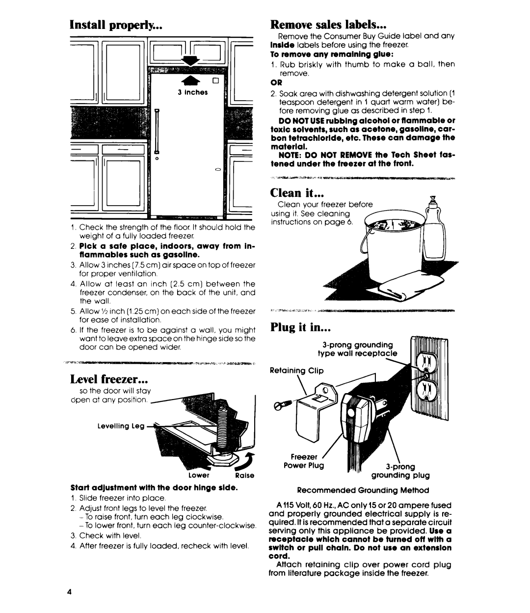 Whirlpool EV150E manual Install properly, Level freezer, Remove sales labels, Clean it, Plug it 