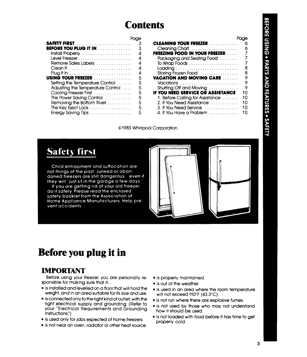Whirlpool EV150E manual Contents, Before you plug it in, Safew First, Cleaning Your Freezer, Beforeyou Plug It In 