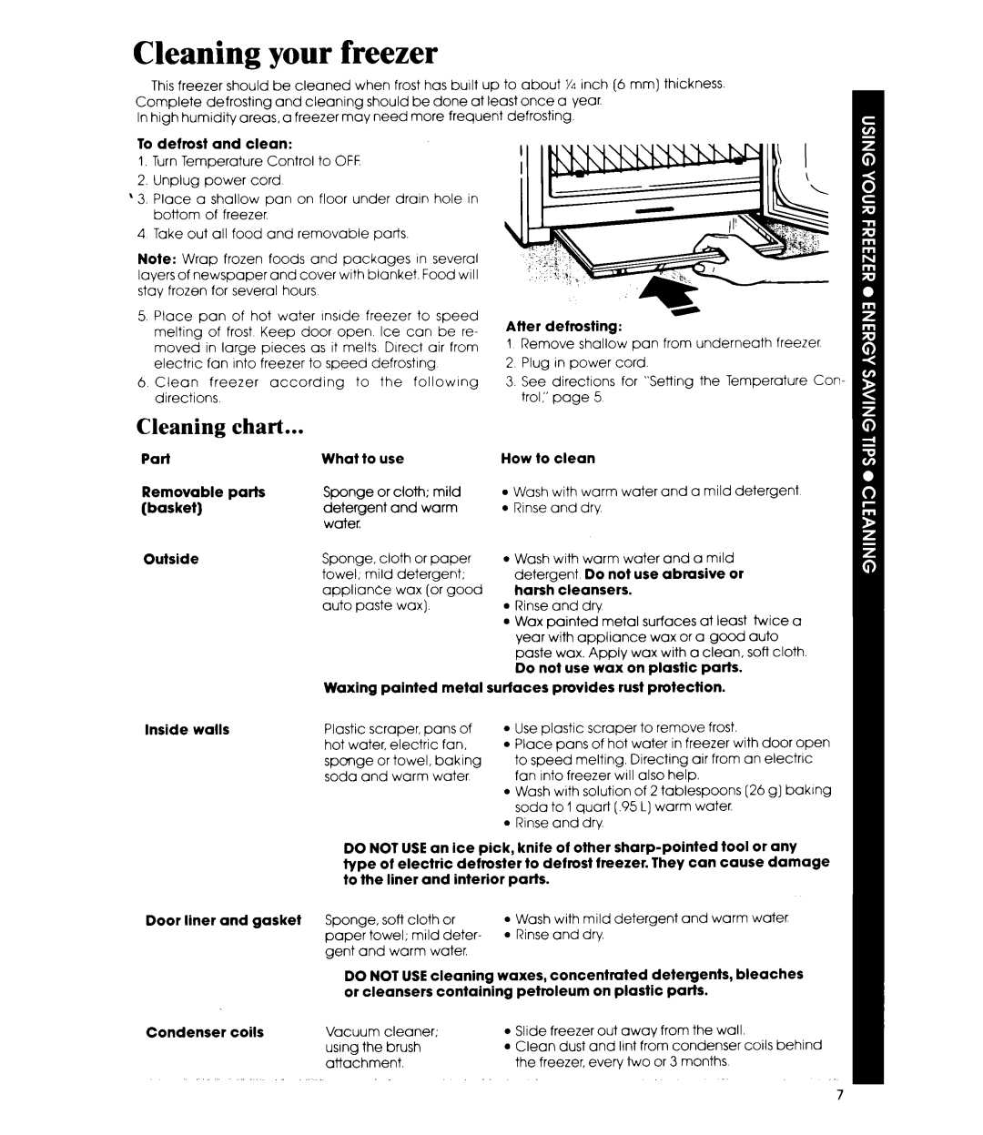 Whirlpool EV150F manual Cleaning your freezer, chart 