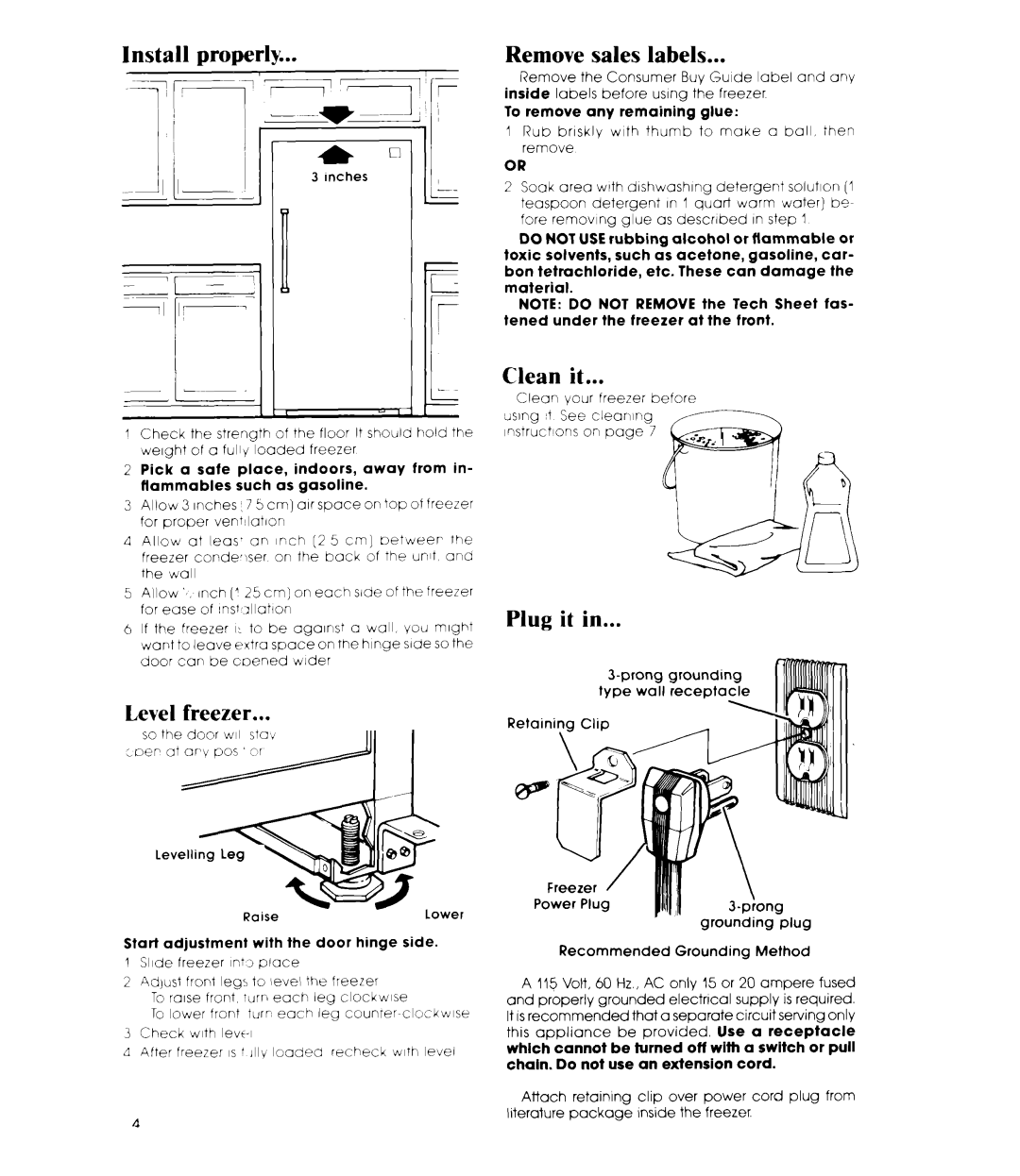 Whirlpool EV150FXR manual Install properly, Remove sales labels, Level freezer, Clean it, Plug it 