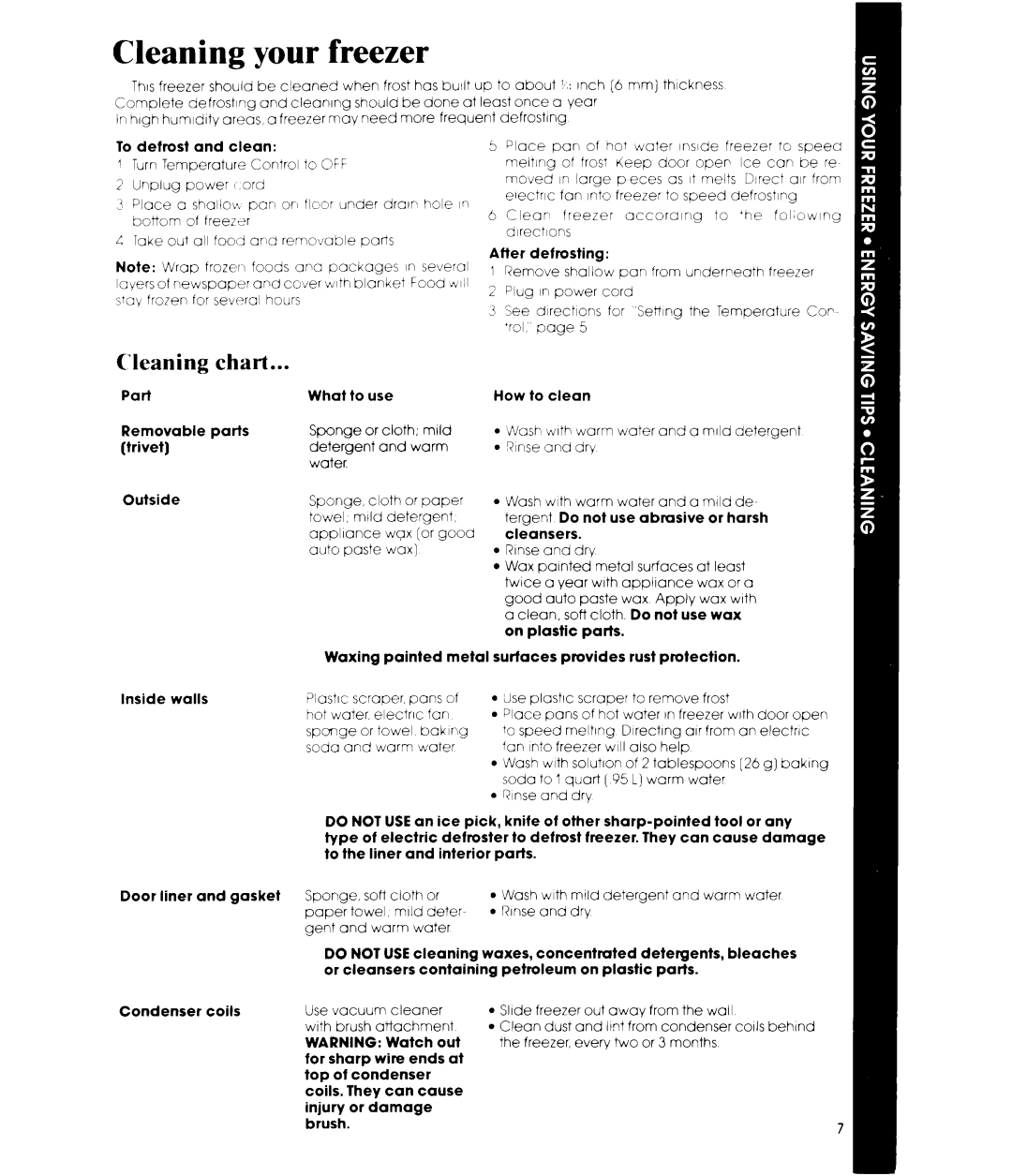 Whirlpool EV150FXR manual Cleaning your freezer, Cleaning chart 