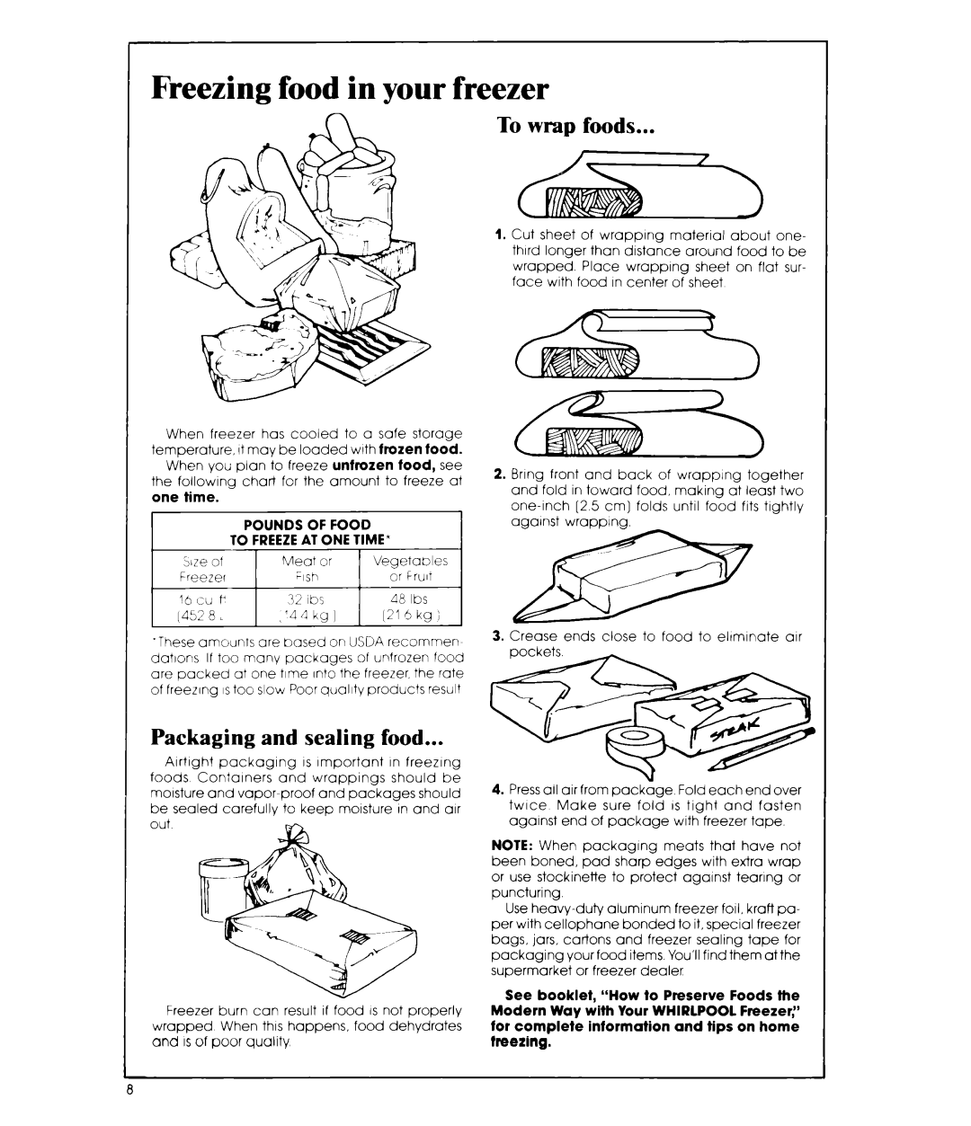 Whirlpool EV150FXR manual Freezing food in your freezer, To wrap foods, Packaging and sealing food 