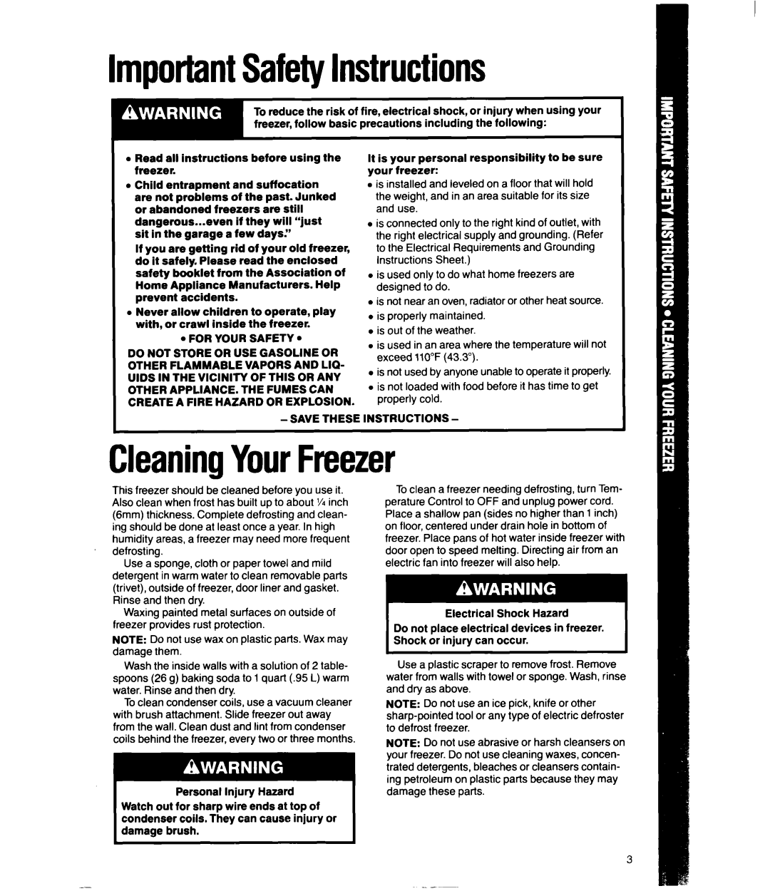 Whirlpool EV150FXS, EVllOFXV, EVlSOFXS manual ImportantSafetyInstructions, CleaningYourFreezer 