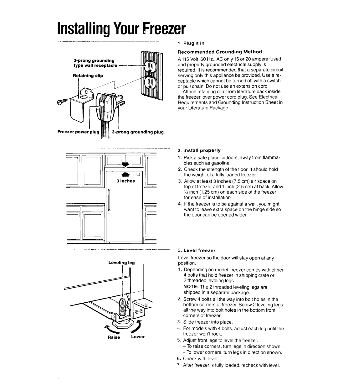 Whirlpool EVllOFXV, EV150FXS, EVlSOFXS manual InstallingYourFreezer, Level freezer so the door will stay open at any position 