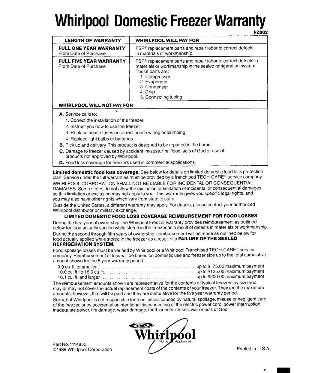 Whirlpool EVlSOFXS, EV150FXS Parts, Labor To correct Defects From, Purchase, Or workmanship, System, 16.1 cu.ftandlarger 