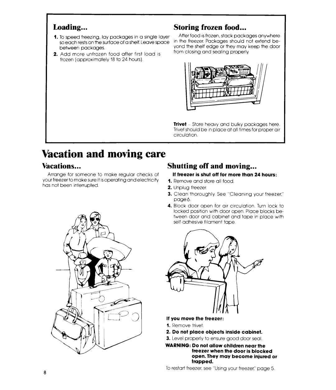 Whirlpool EV150L manual Vacation and moving care, Loading, Storing frozen food, Vacations, Shutting off and moving 