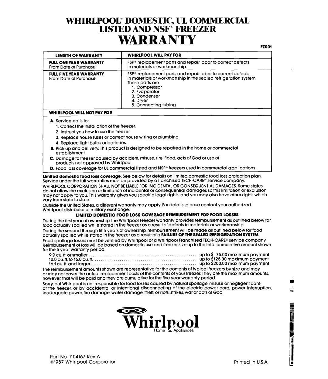 Whirlpool EV150L manual ~irlpool, Warranty, Whirlpool’” Domestic, Ul Commercial, Listed And Nsf” Freezer 