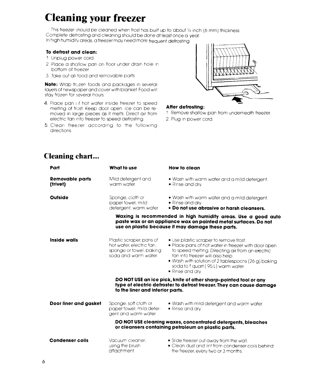 Whirlpool EV150L manual Cleaning your freezer, Cleaning chart 