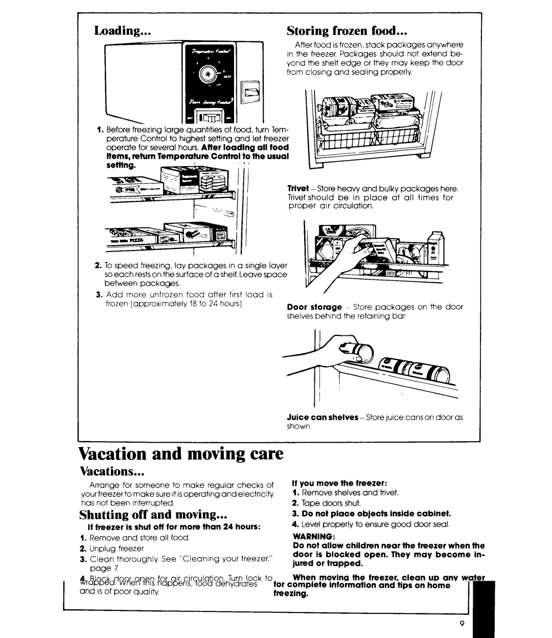 Whirlpool EV150N manual Loading Storing, Food, Vacations, Shutting off and moving 