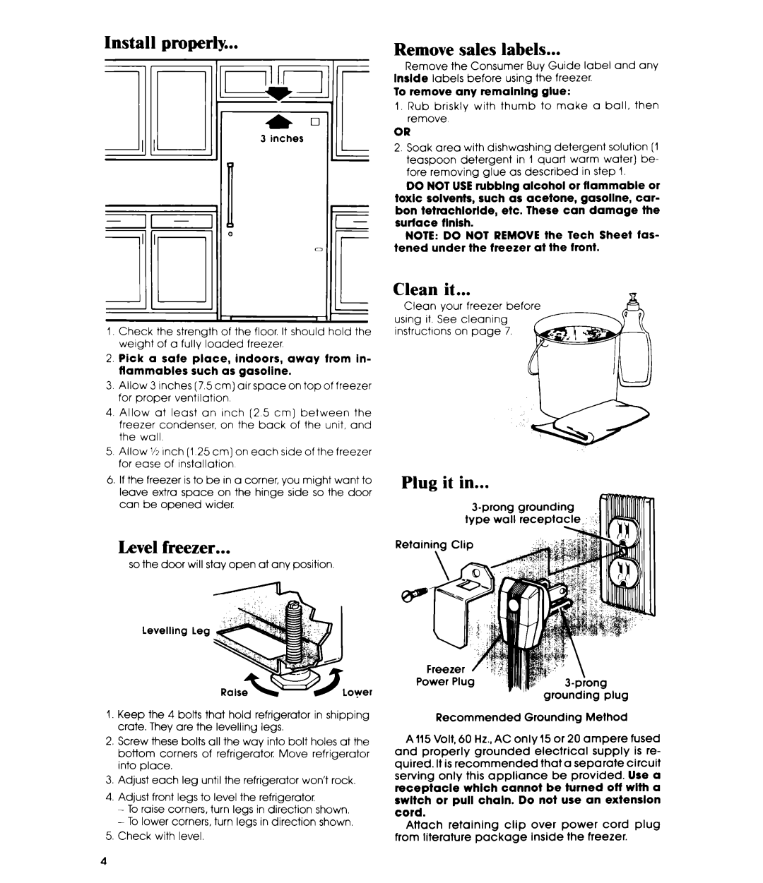 Whirlpool EV150N manual Install properly, Level freezer, Remove sales labels, Clean it, Plug it 